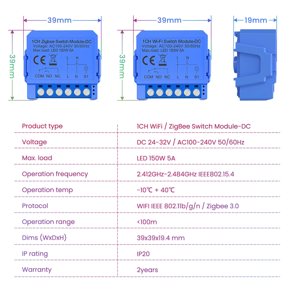 DA Tuya WiFi/ZigBee Smart Switch Module Dry Contact Universal Breaker Relay DC 24-32V/AC 100-240V Alexa Google Home کے لیے