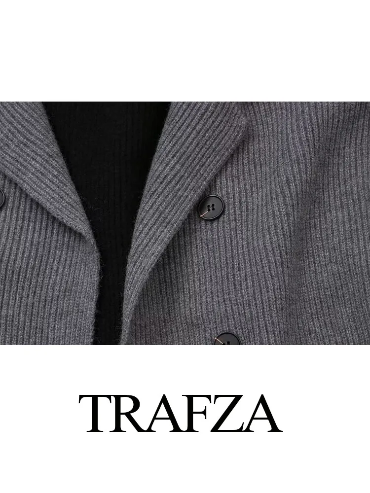 TRAFZA 2024 Female Casual Coats Solid Turn-Down Collar Long Sleeves Pockets Belt Double Breasted Autumn Coat Women Trendy