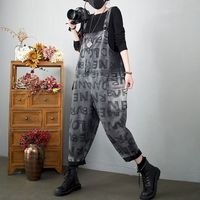 Denim Jumpsuits for Women Striped Printed Korean Style Harajuku Overalls One Piece Outfit Women Rompers Casual Vintage Playsuits