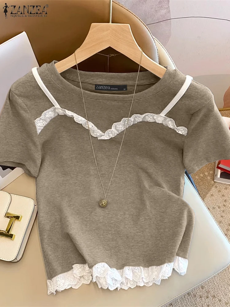

Women Tops Lace Patchwork Blouses Casual Short Sleeve Blusas Tunic ZANZEA 2025 Summer Oversized Vintage Pullover Fake 2PCS