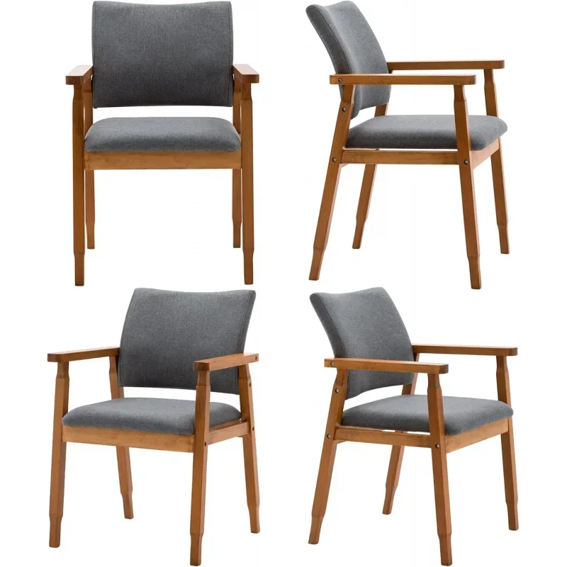 Set of 4 Mid Century Modern Walnut Dining Chairs Wood Arm Grey Fabric Kitchen Cafe Living Room Decor Furniture