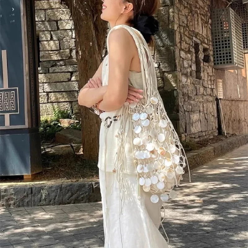 

Handmade Shell Bag Woven Bucket Tassel Embroidery Hobo Shoulder Wooden Handle Handbag Evening Clutch Bag