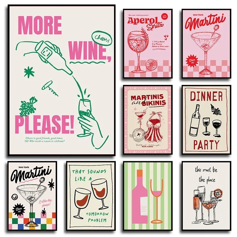 Multiple sizes 1pc frameless Canvas Painting,Retro Cocktail Mojito Wine Club Canvas Print Minimalist Bar Drink Food Wall Art Nor