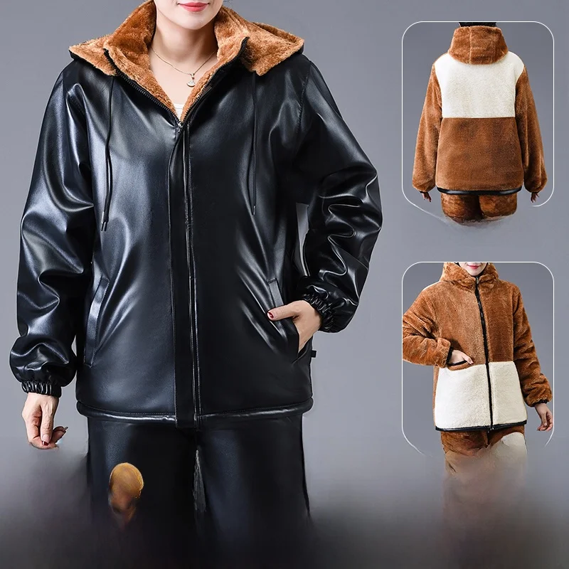 

Женский зимний комплект из утепленной кожи: куртка и брюки для работы, ветрозащитный, водонепроницаемый, с длинными рукавами и молнией