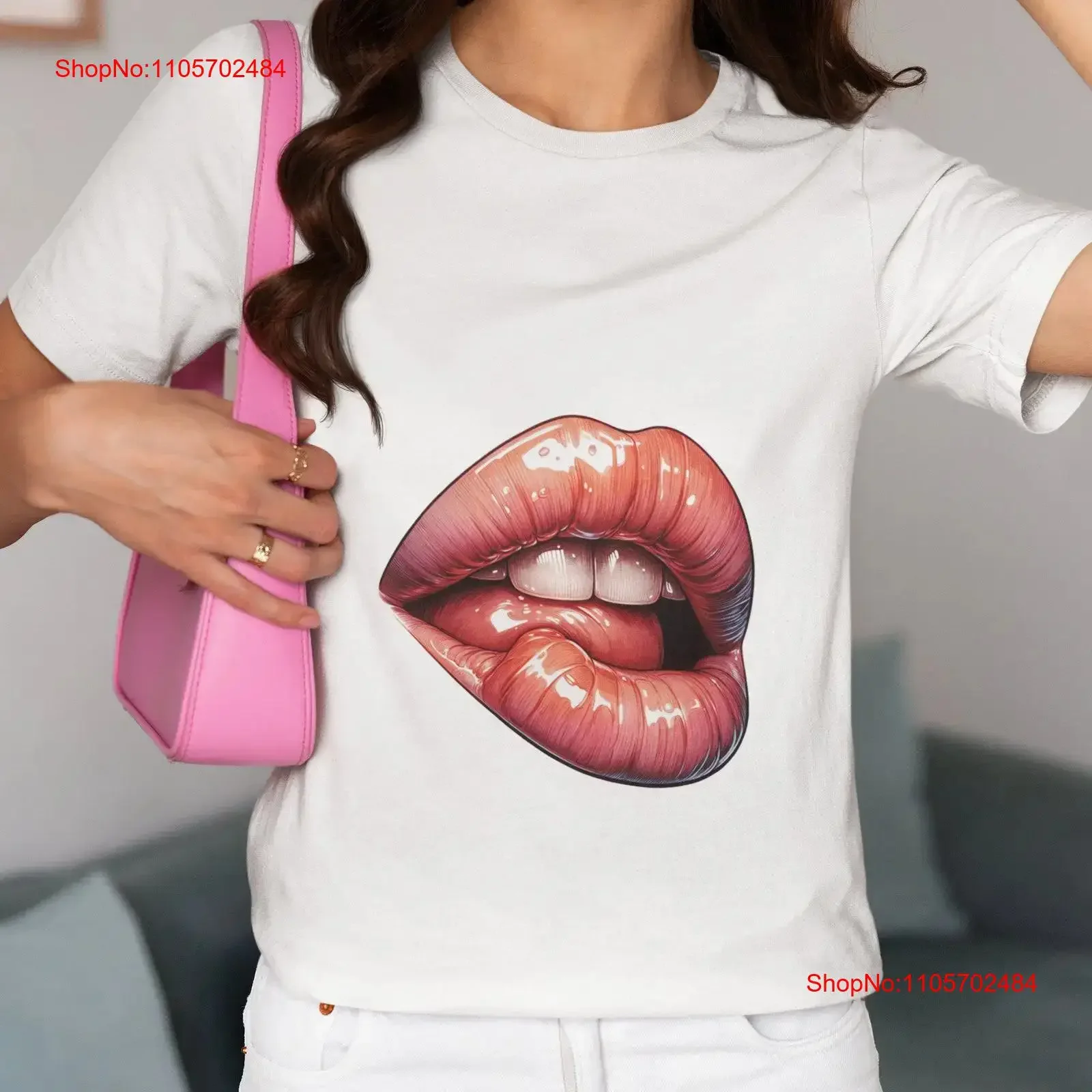 Sensuous Lip Bite T Shirt Unique Shirtth Biting Lower Glossy Red Lips Print Trendy Soft Cotton for All Idea vintage Washed