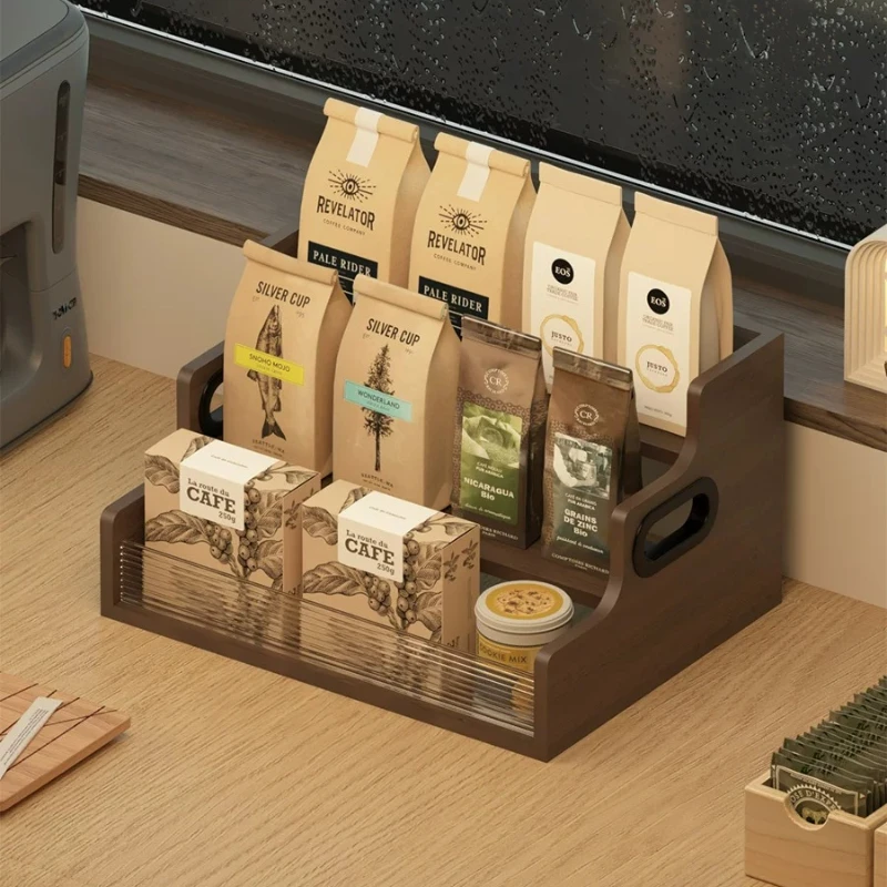 Tiered Coffee Station Organizer, Portable Tea Bag Storage Rack with Handle, Rounded Edges, Scratch-Resistant MDF Display Shelf