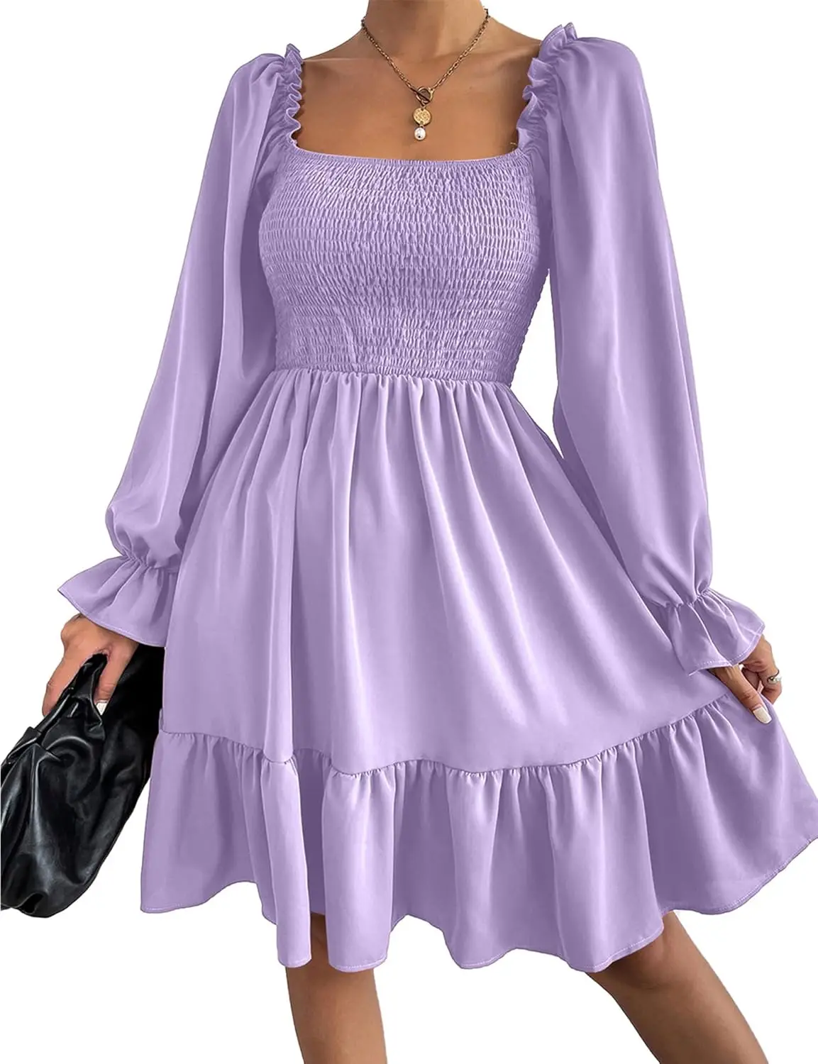 Abito da donna con maniche a sbuffo e collo quadrato, mini abito babydoll casual con linea svasata e orlo arricciato