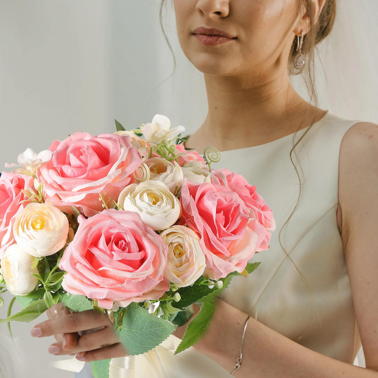 

Artificial Rose Bouquet Pink Roses White Buds Large Wedding H Flowers Bride Bridal Bouquet Decor Artificial Flower