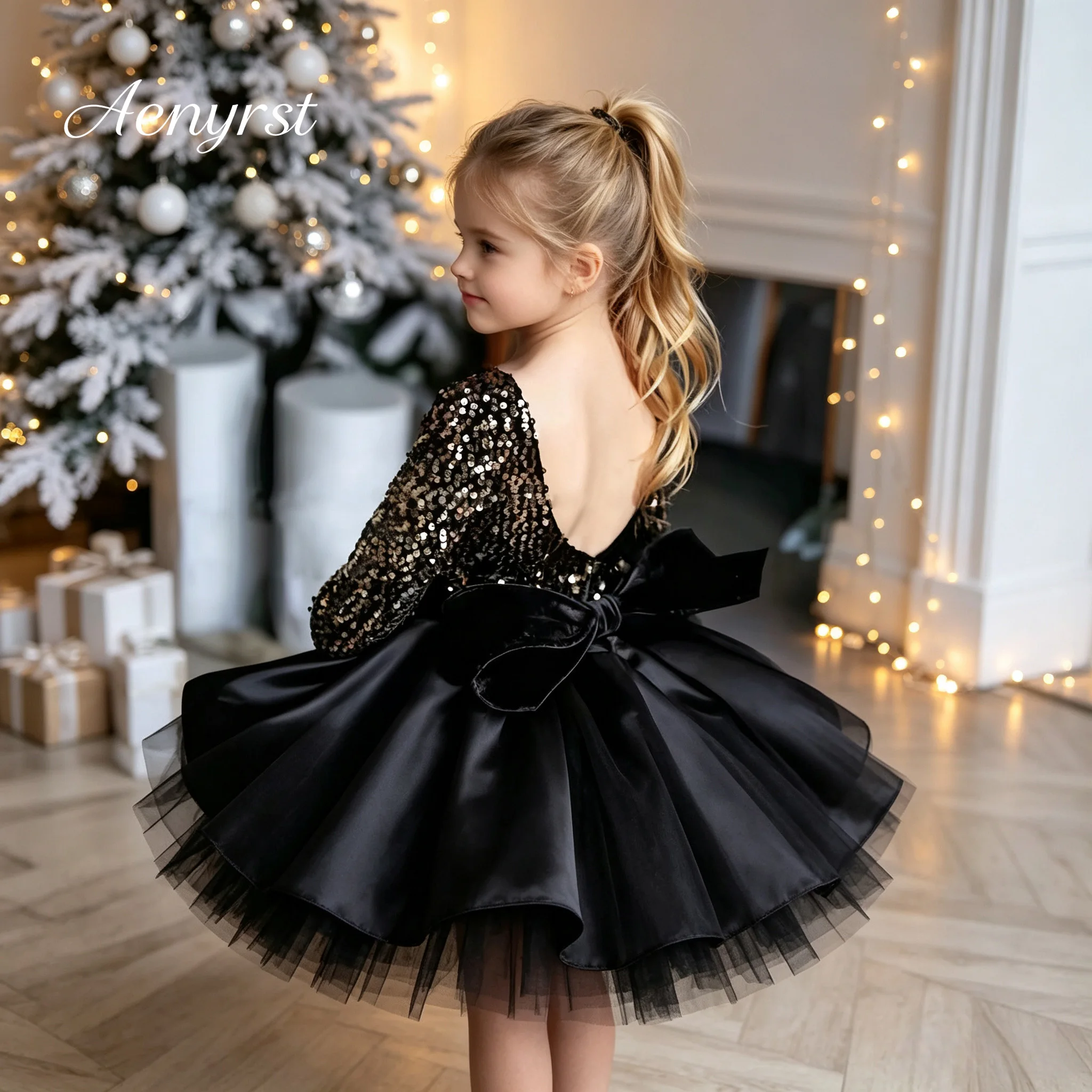 Satin Ruffle Short Puffy Kids Pageant Gown V‑Back Sequin Long Sleeve Big Velvet Bow Children Formal Party Dress