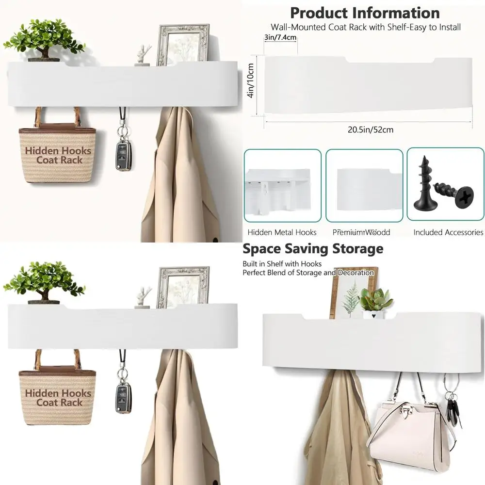 

Современная настенная вешалка для одежды с 5 скрытыми крючками, деревянным держателем для ключей и полкой для прихожей.