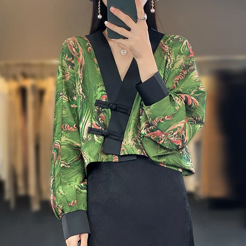 

Retro Floral Print Silk Acetate ort Jaet Women's Loose Silk Satin Outerwear V-ne Long Sve Commute Sle