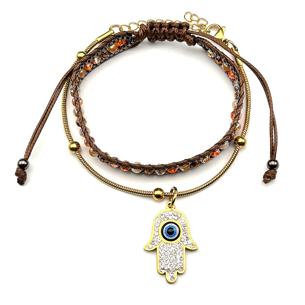 

Bohemian Multi-Layer Beaded Crystal Hamsa Hand Evil Eye Bracelet for Women Stainless Steel Gold Color Amulet Hand Chain Jewelry
