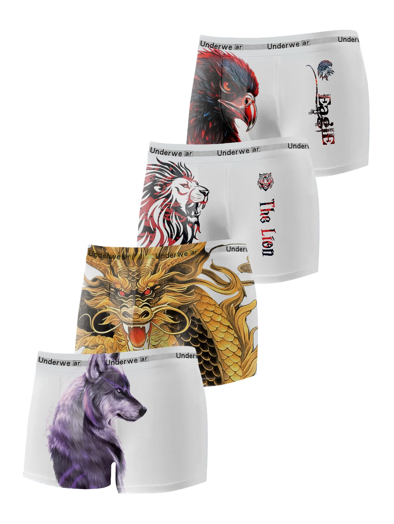 

4pcs Men's Underwears with Large Graphic Animal Designs, Eagle Lion Wolf Dragon Prints, Fitted and Stretchy for Sports