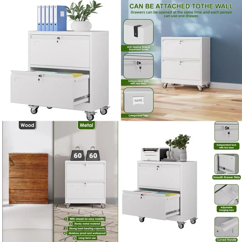 Lockable Metal Lateral File Cabinet with Wheels for Home Office - Legal/Letter Size, White, Storage Solution