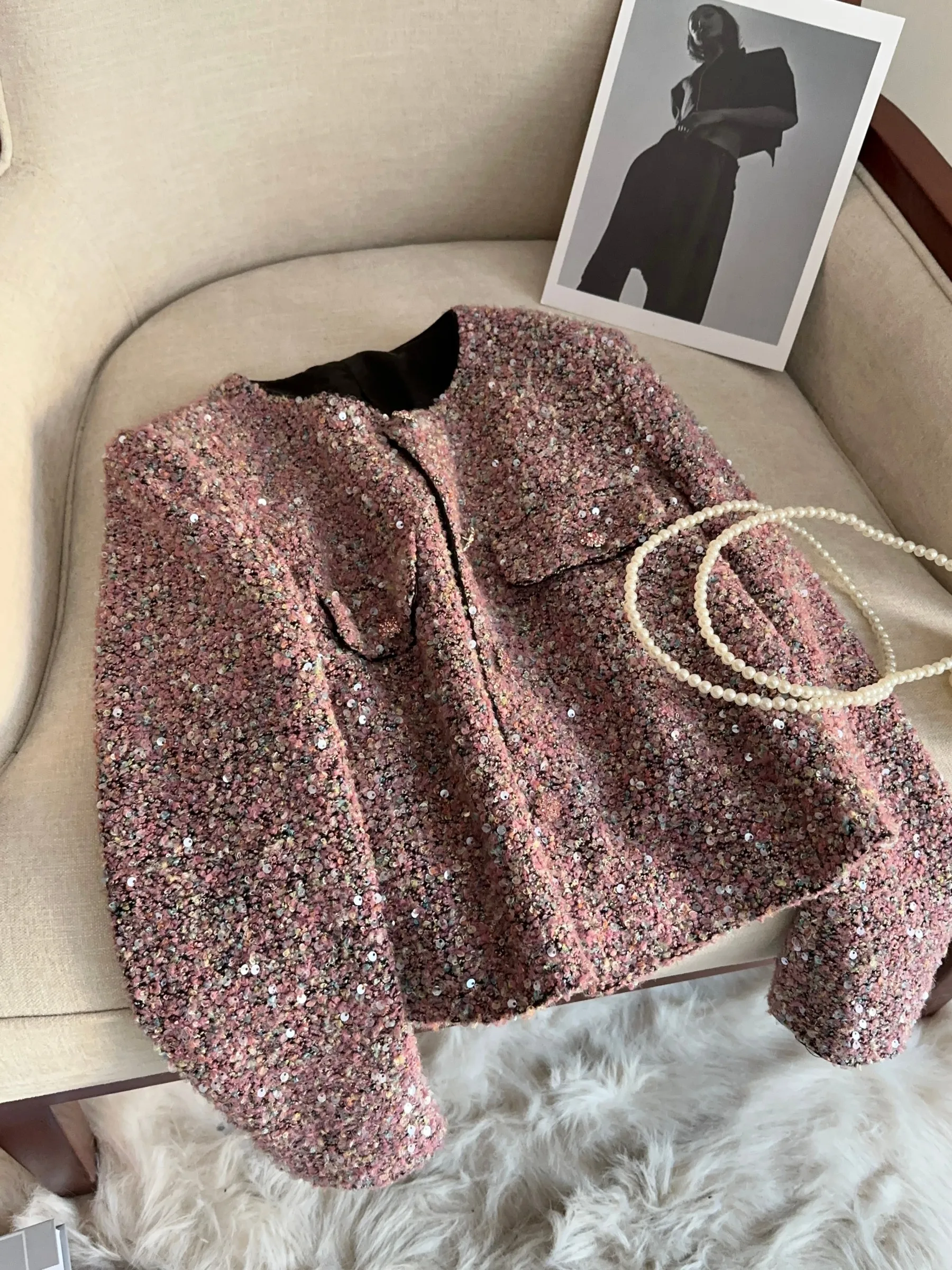 

Розовый твидовый вязаный жакет с пайетками и воротником-стойкой, женский, осенне-зимний, новый, элегантный, для офиса, свободного кроя, с длинными рукавами