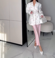 Fashionable Printed Loose Suit with Lapel Tie and Waist Cinching Suit Jacket for Summer Women's Elegant Commuting Suit Jacket