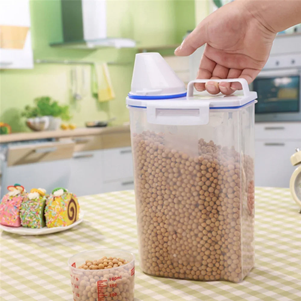 1Pc Sealed Cereal Insect-Proof Rice Bucket with Measuring Cup Transparent Rotary Food Moistureproof Tank Kitchen Storage Box