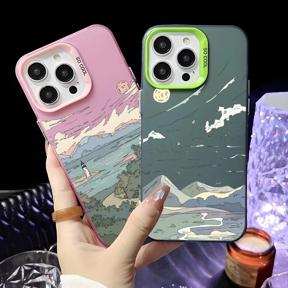 

Anime Landscape Phone Case For iPhone 16 15 14 13 12 11 Pro Max Pink Green Matte Laser Metallic Aurora Funda