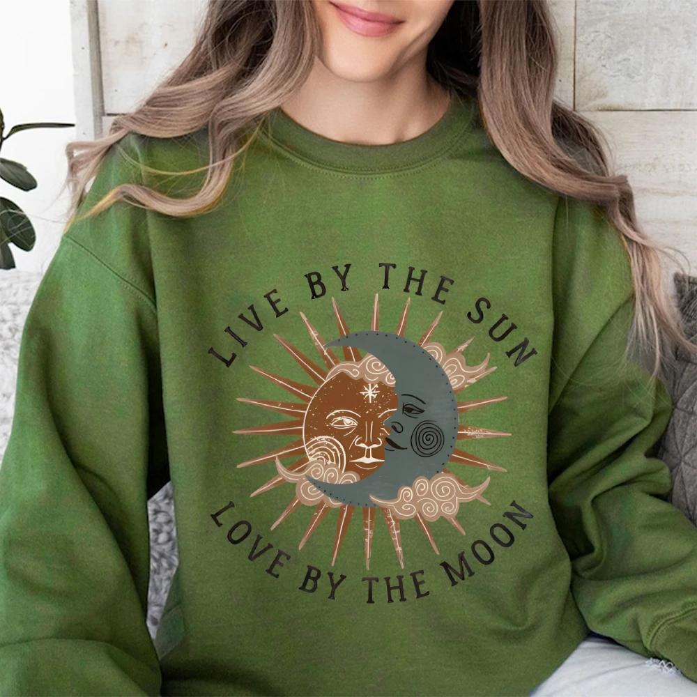 Women’s Sweatshirts Trendy Printed Hoodie Live By The Sun Love By The Moon Sweater Boho Moon Jumper Celestial Top For The Winter