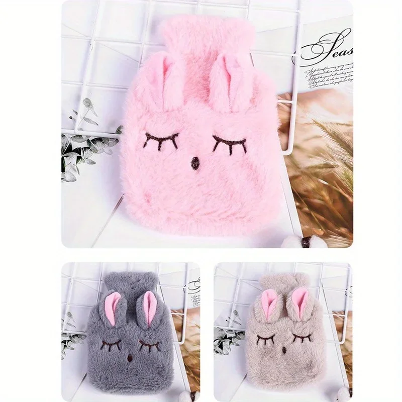 1Pc Winter Warmer Bag Rabbit Hot Water Bottle PVC Stress Pain Relief Therapy Hot Water Bag with Knitted Soft Cover Hand Warmer