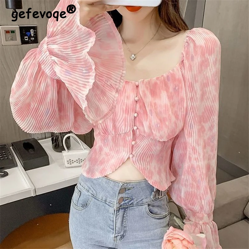 Sexy Kawaii Sweet Square Neck Print Party Club Crop Tops for Women Fashion Pleated Slim Long Sleeve Chic Chiffon Shirts Blouses