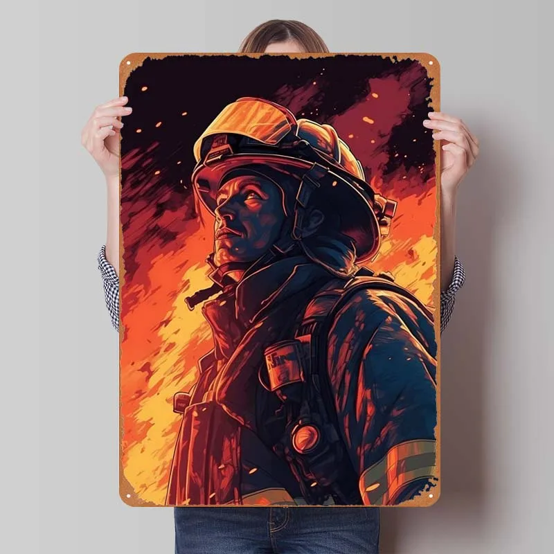 Firefighter Drawing Poster Metal Wall Art Mural Tinplate Man Cave Vintage Metal Signs for Garage Bedroom Wall Decoration Decor