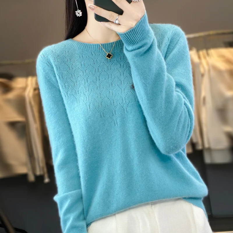 DjzDsm100% Pure Wool Female Round Neck Autumn And Winter Hollow Knit Sweater Loose Pullover Long Sleeve Base Shirt