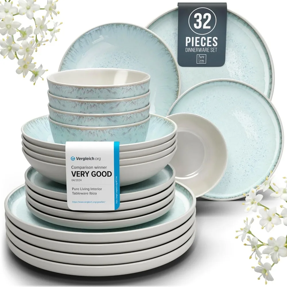 Modern Style Stoneware Dinnerware Set - Scratch Resistant, Dishwasher Safe Plates,Bowl and Plate Set - Beige and Blue