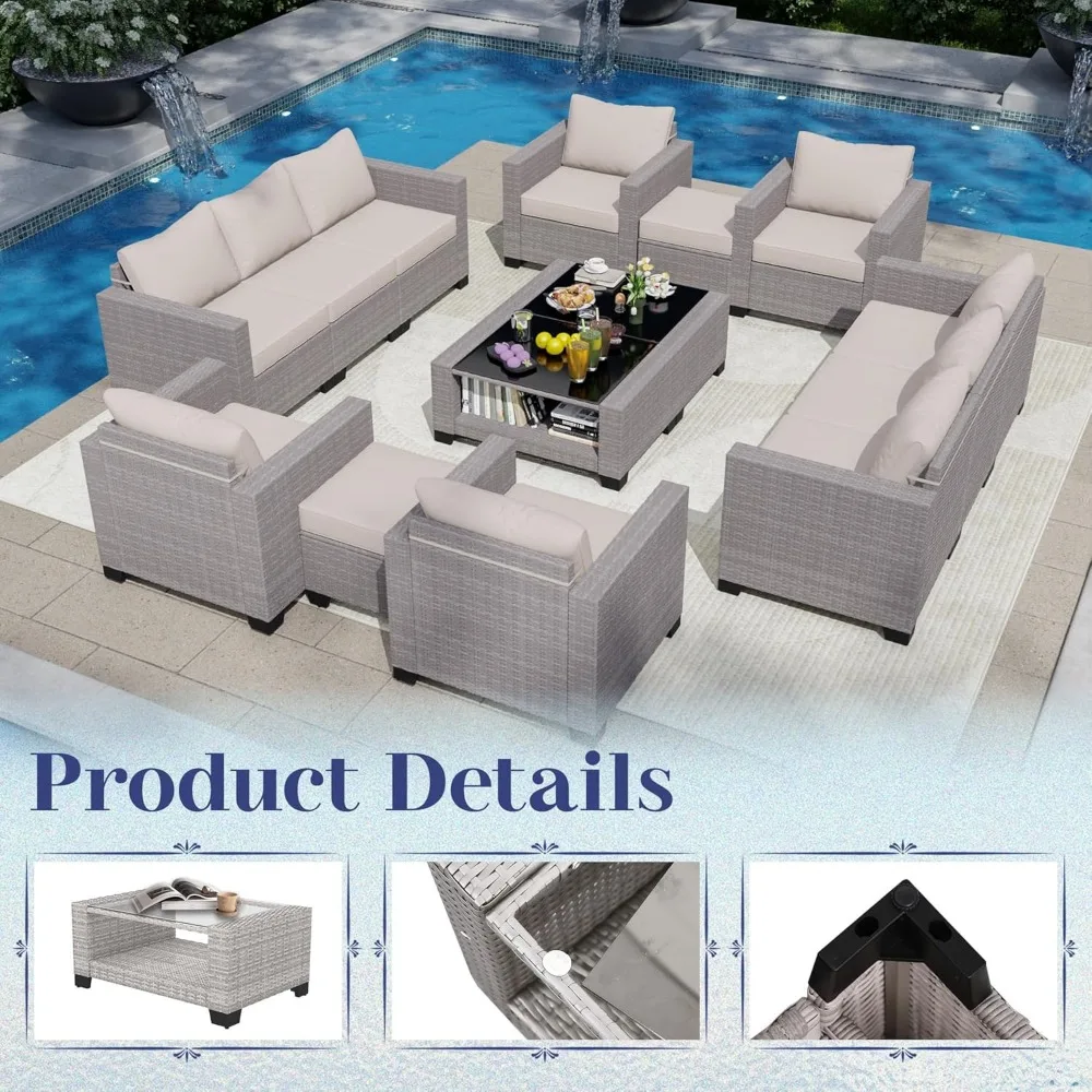 Patio Furniture Set 7 Pieces Conversation Sets, Sectional Sofa, PE Rattan Modular Sofa with Cushions and Glass Coffee Table