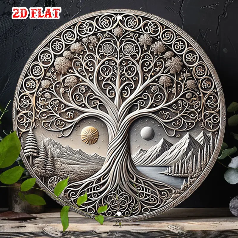 2D Flat 1pc Moon Sun Round Aluminum Sign, Tree of Life Metal Tin Plate, 7.8x7.8 Inch Circular Wall Decor - Sacred Mountain Metal
