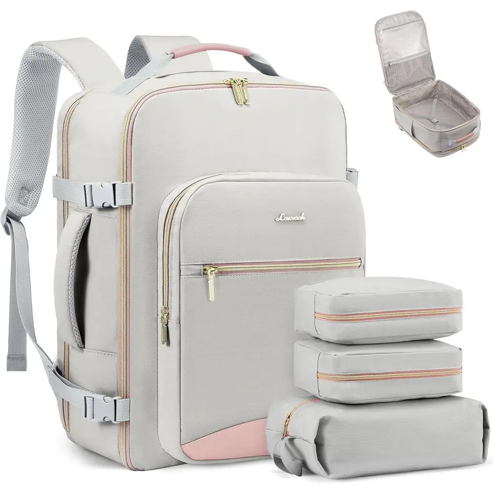 

50L Unisex Airline Approved Carry-On Backpack, TSA Compliant, Waterproof Personal Item Bag with 3 Packing Cubes, Light Gray-Pink