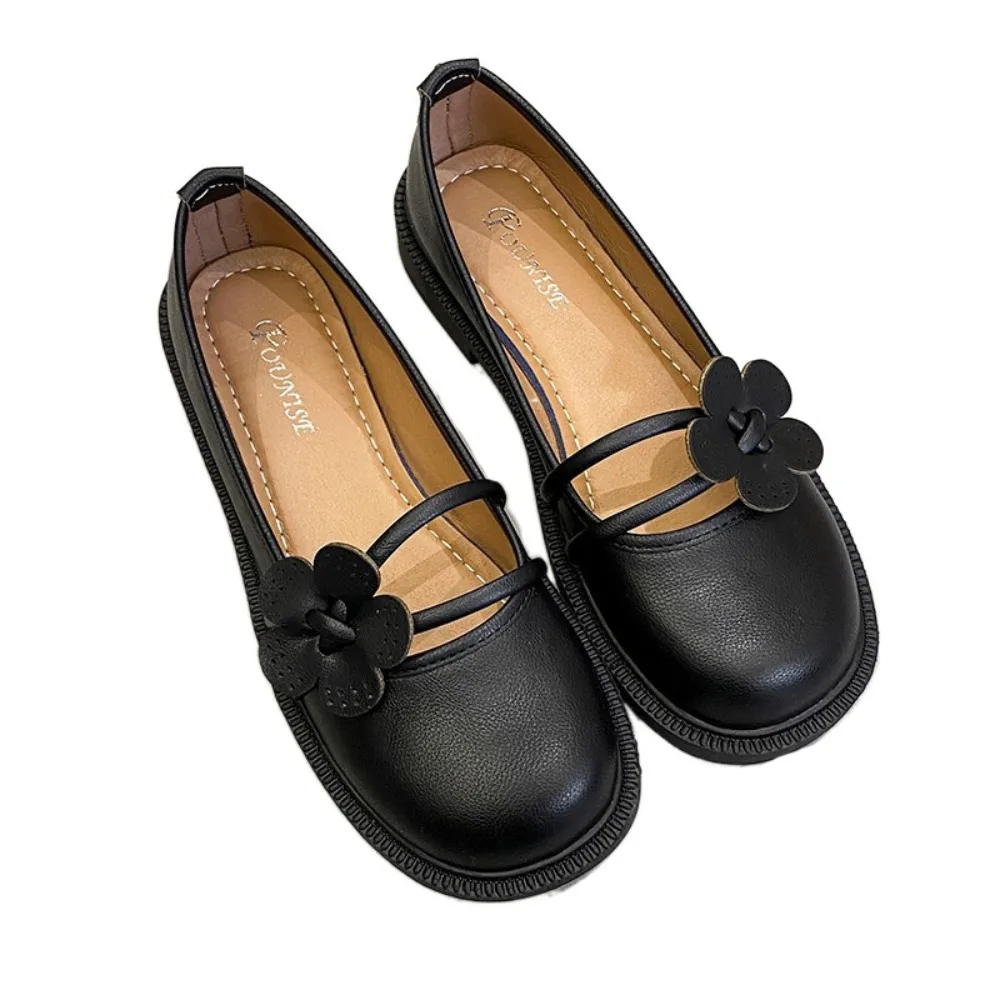 

Fashion Flower Mary Jane Shoes PU Leather Anti-slip Round Toe Flat Shoes British French Style Low-heel Single Shoes Girl