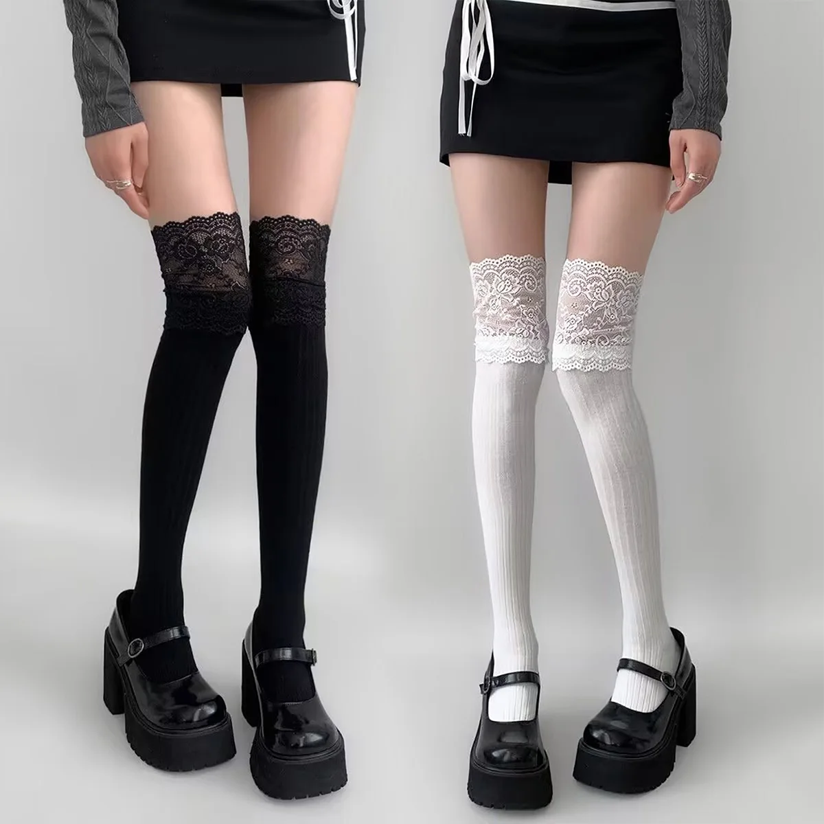 1 Paar Damen-Kniestrümpfe aus Spitze, Lolita, hohe Oberschenkelsocken, Spitzenoberteil, lange Baumwollstrümpfe, Overknee-Leggings