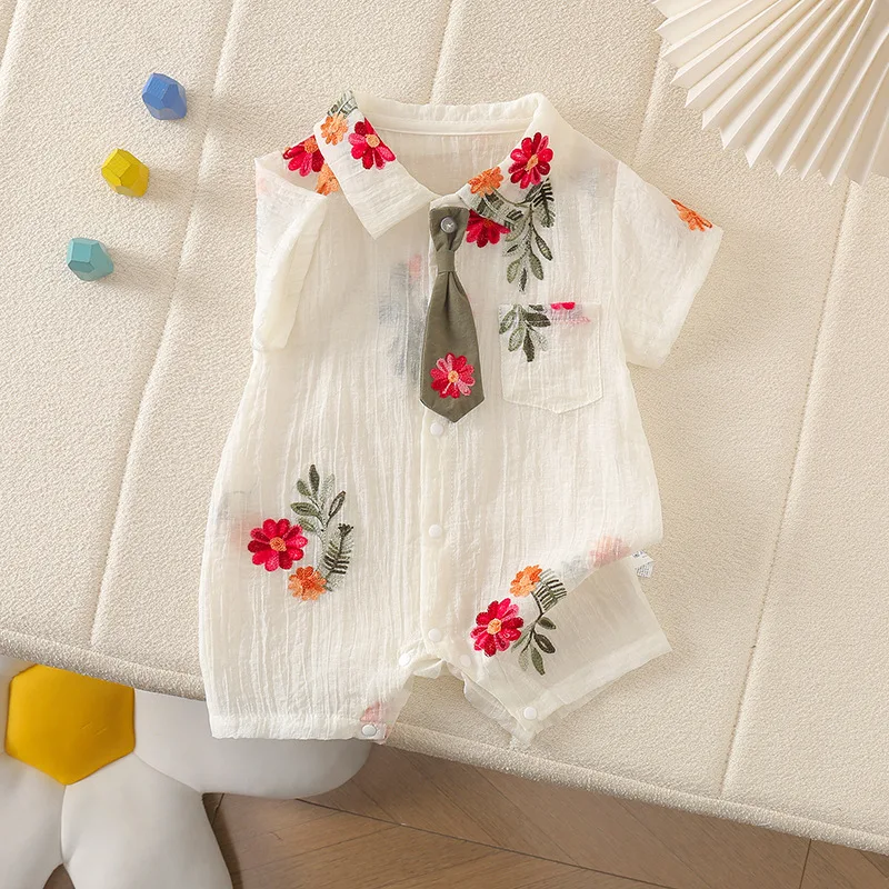 

2025 Infant Summer New Floral Embroidery Tie Lapel Short Sleeved Romper Unisex Baby Breathable Casual Jumpsuit