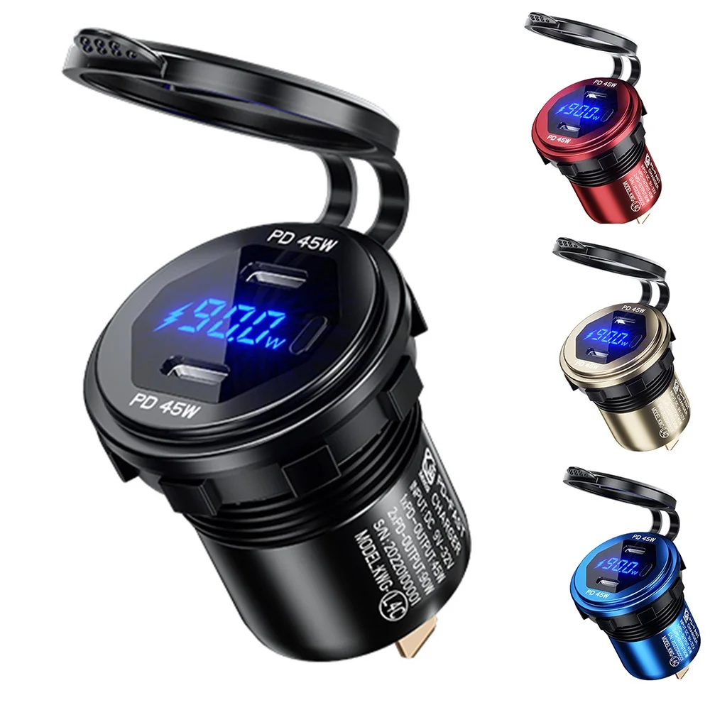 2022 Metal Dual 45W USB C Type C PD Fast Car Charger 12V/24V with Voltage/Power Display for SUV Motorcycle Truck Boat Bus RV ATV