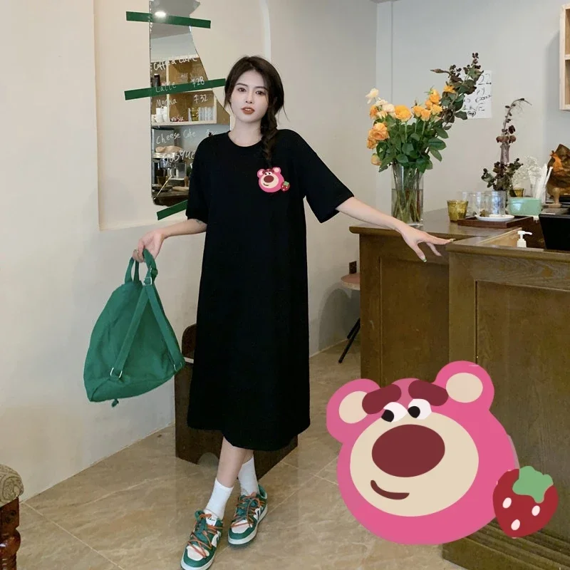 Miniso Strawberry Bear T-shirt Skirt Cartoon Lotso 40-90kg Loose Leisure Girl Women Lone Blackcolour Shortsleeved Unique Dress