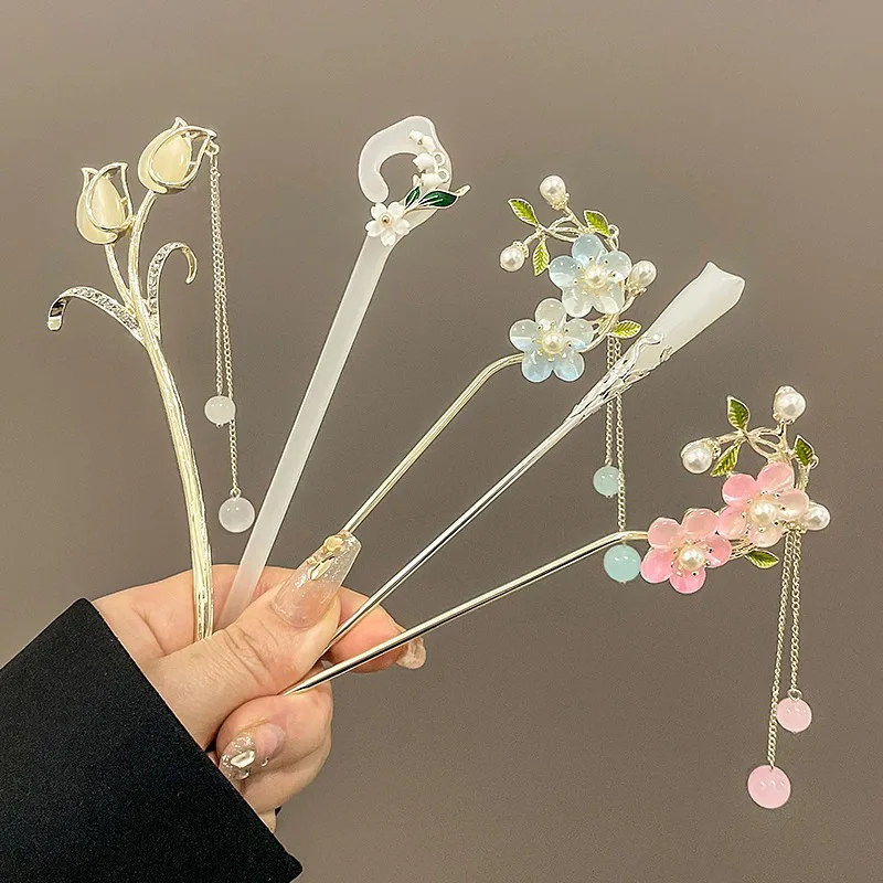 Advanced Retro Chinese Hairpin Women's Handmade Exquisite Flower tassel Hair Accessories Couple's Holiday Double Pearl Gift