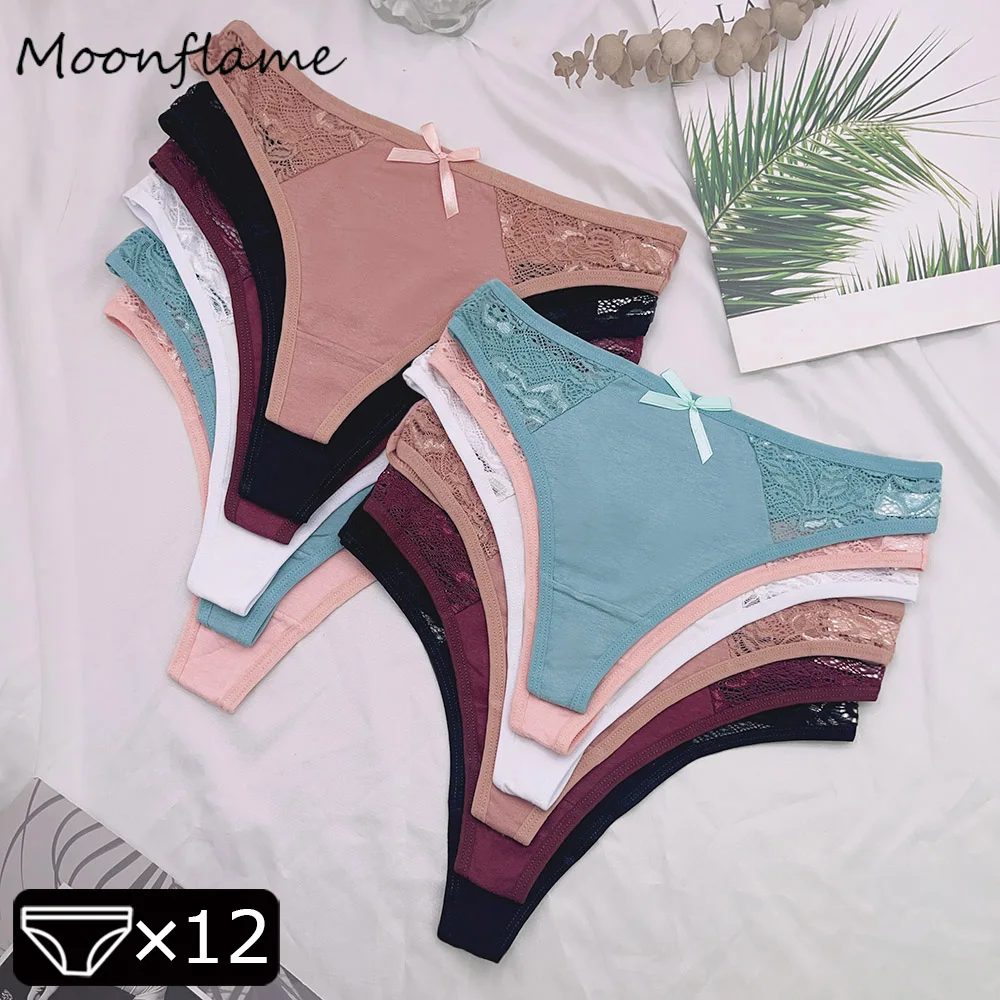 Moonflame 12 Pcs Wholesale Girls Underpant Solid Color Cotton Low Rise Women Underwear With Lace Ladies Panties G String Thongs