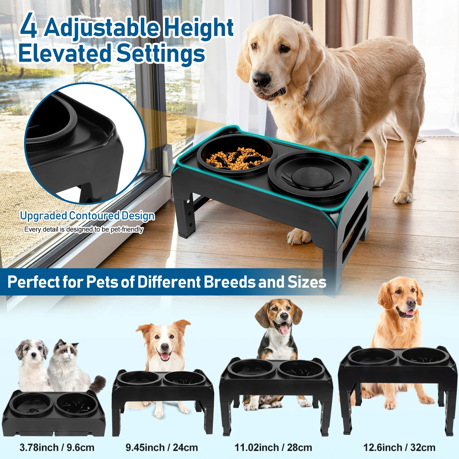 Elevated Dog Bowls, 2-in-1 Raised Slow Feeder Dog Bowls Stand with Anti Spill Water Bowl 4 Height for Large Medium Dogs,