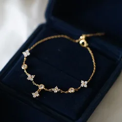 ITSMOS 925 Sterling Silver Gold-plated Four-leaf Clover Bracelet Jewelry Gift Luxury CZ Delicate Flower Bracelet for Women Girl