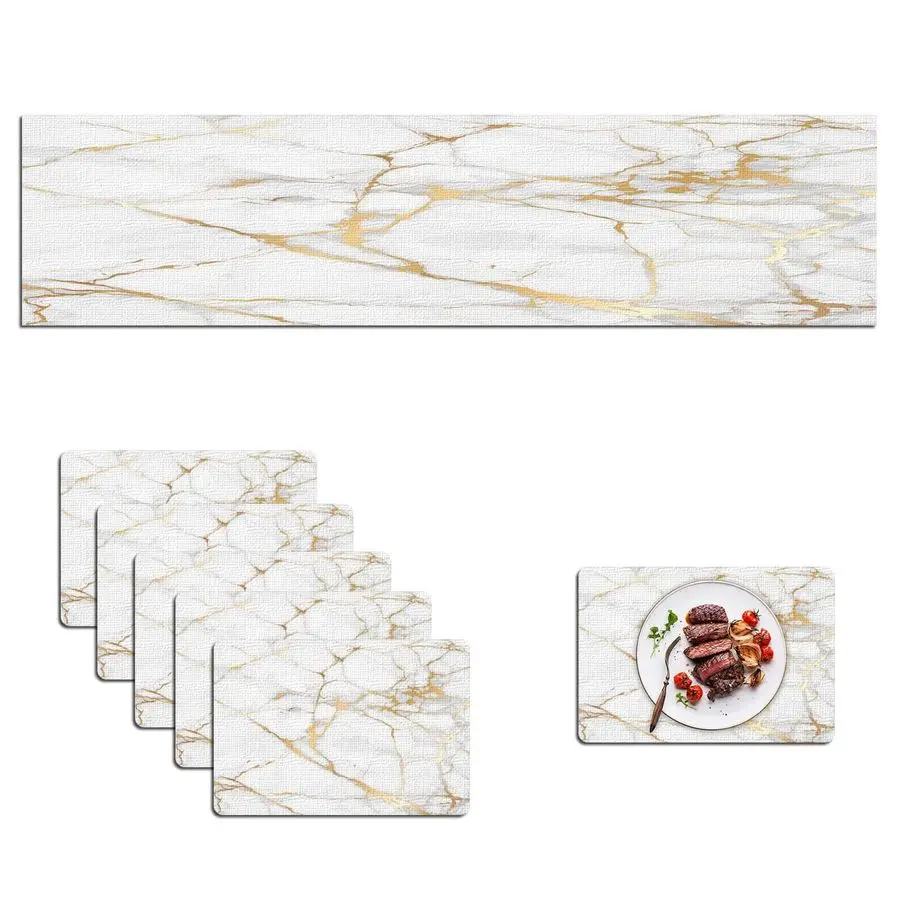 

Luxury Gold Marble Table Runner and Placemats Set of 6 Pieces, Gold Marble Placemats, Modern Cloth Place Mats Indoor for Kitchen