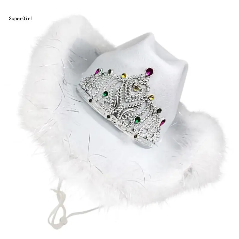 Woman Cowboy Hats with Plush Trim for Spring Winter Elegant Lady Proms Party Hat J78E