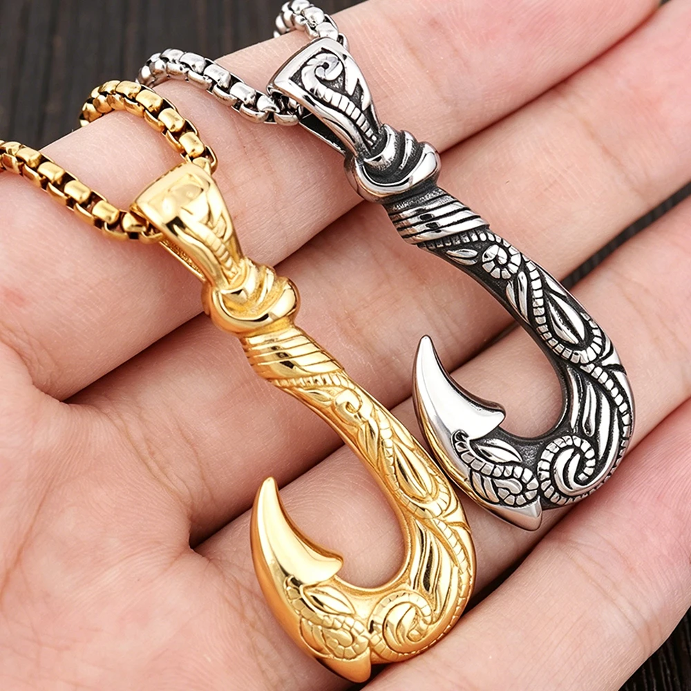 Maui Magic Fish Hook Necklace Pendant Men Vintage Punk Style Stainless Steel Pirate Anchor Necklace Biker Jewelry Gift Wholesale view 5