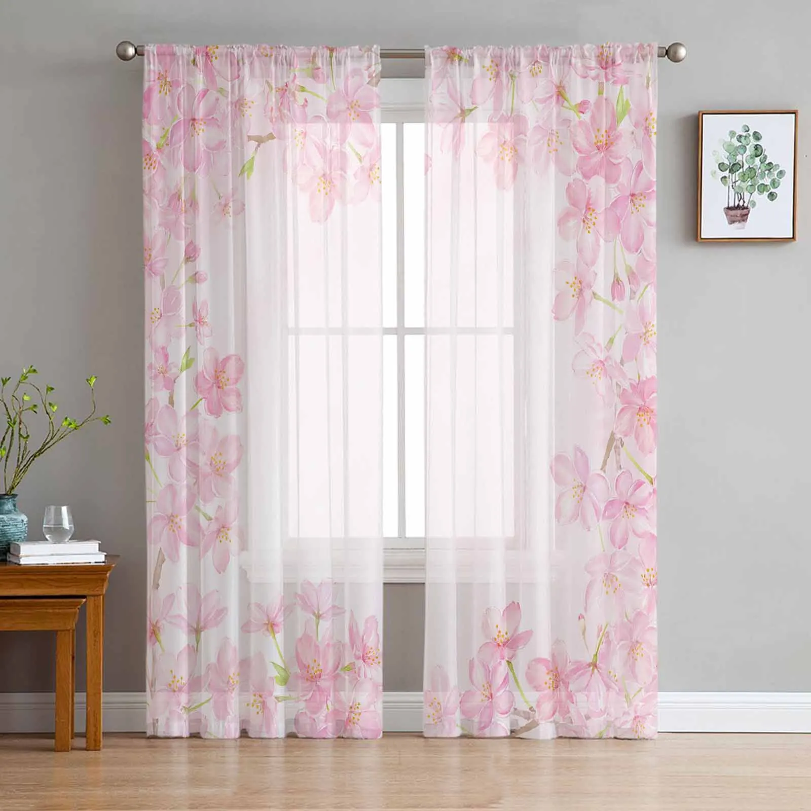 Watercolor Cherry Blossom Tulle Curtain for Living Room Bedroom Window Treatment Sheer Voile Curtain Kitchen Drape