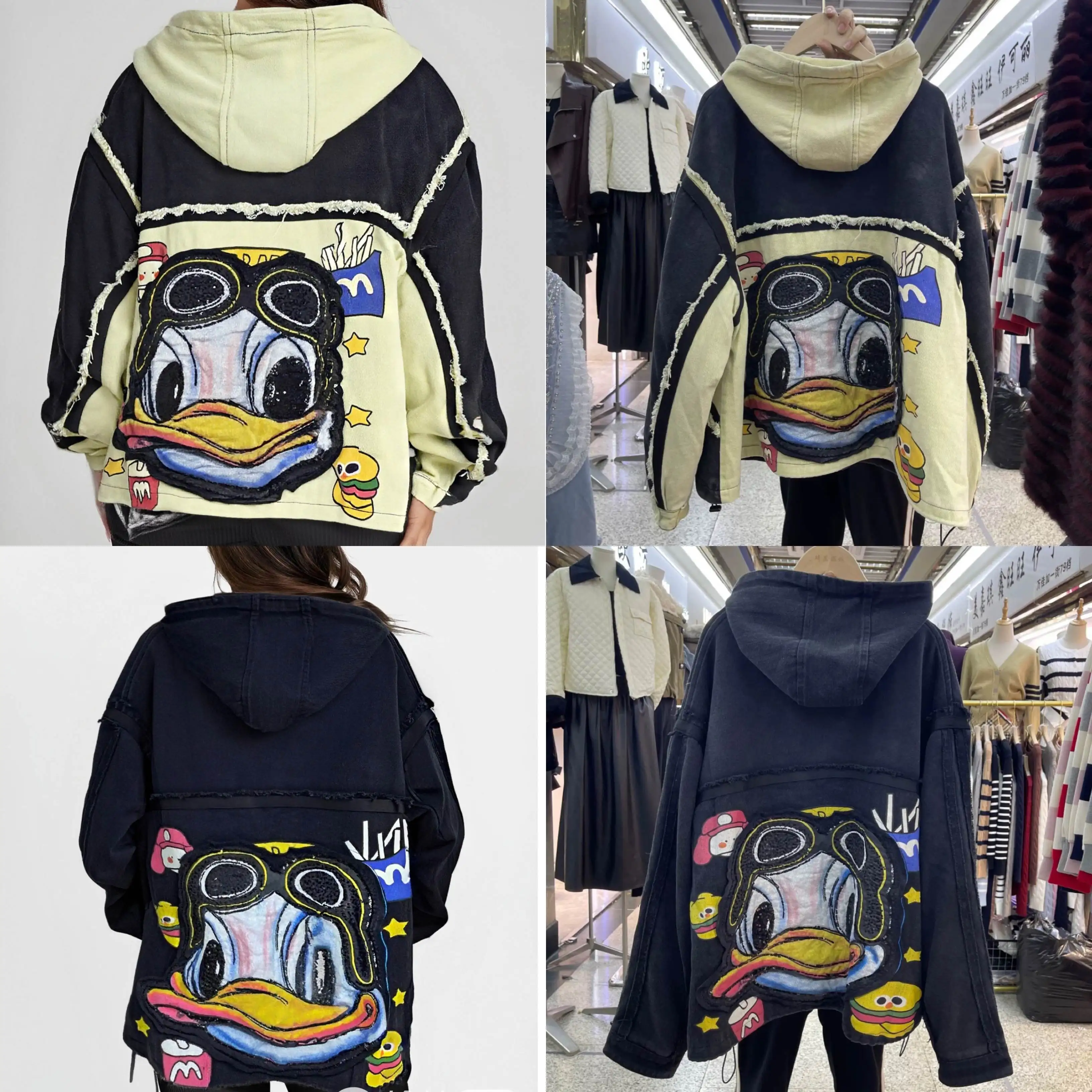 

2025 Autumn/Winter European and American Trendy Brand Heavy Industry Embroidery Patch Cartoon Printing Used Hooded Cotton Jacket