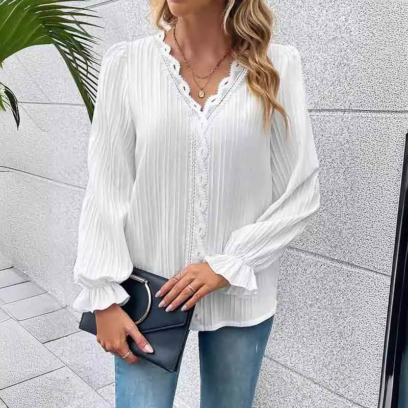 Elegant Green Office Lady Long Sleeve Shirts Fashion Black Blouse Spring Autumn V-neck Lace Tops Blouse for Women 2024 New Tees