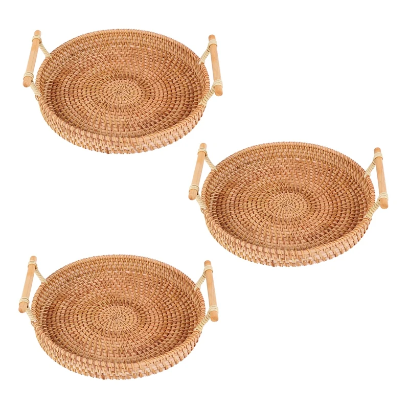 

New 3X Rattan Bread Basket Round Woven Tea Tray With Handles For Serving Dinner Parties Coffee Breakfast (8.7 Inches)