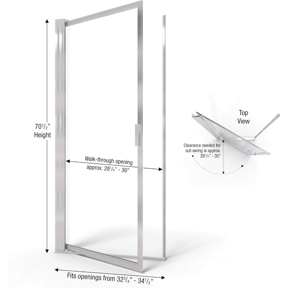 32.75- 34.5 in Pivot Shower Door, Obscure Glass, Brushed Nickel Finish, Bathing Door