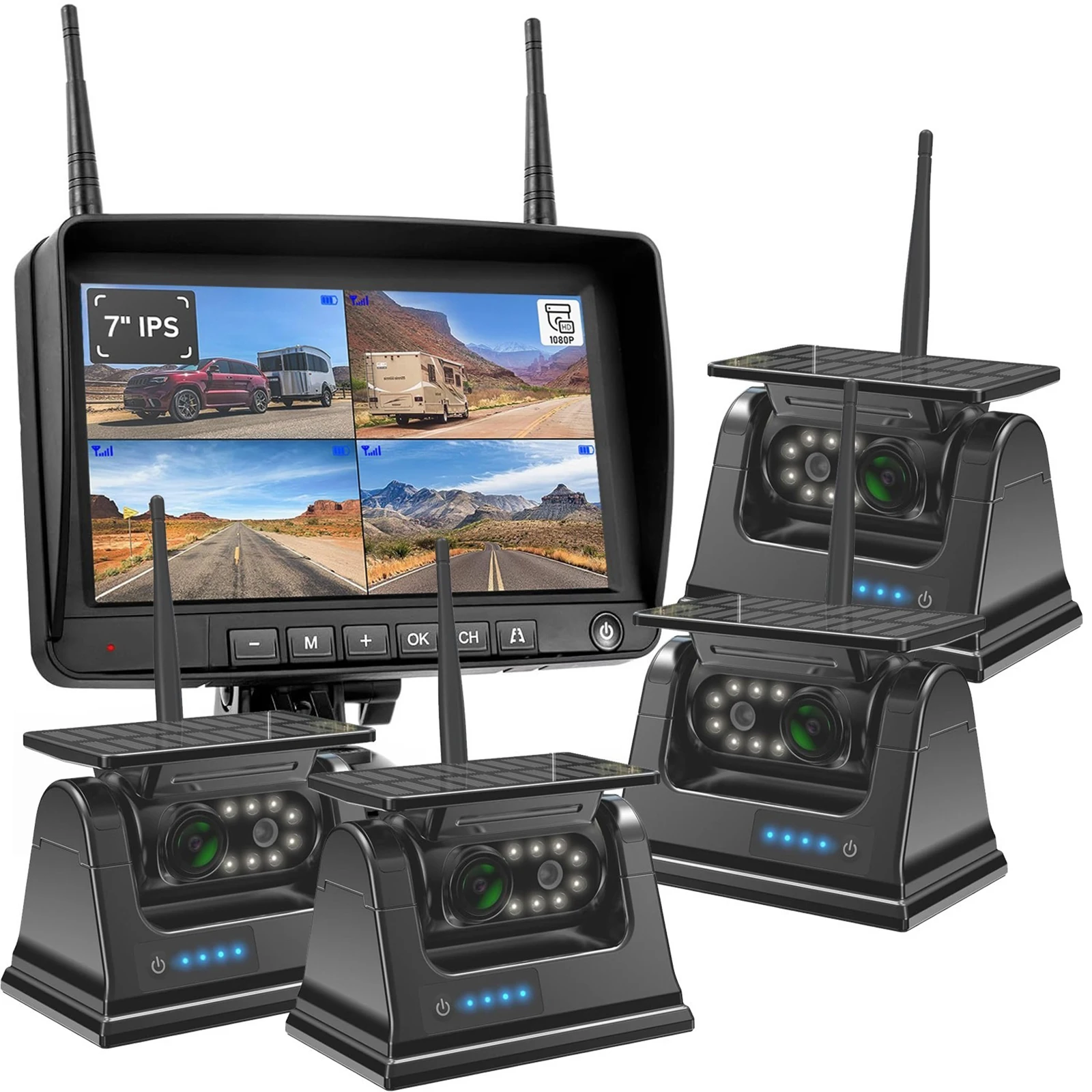 

Lastbus 2/3/4x Solar Backup Cameras With 7" Standby Mode DVR Monitor Split Screen For Truck Trailer RV Caravan Camper Van