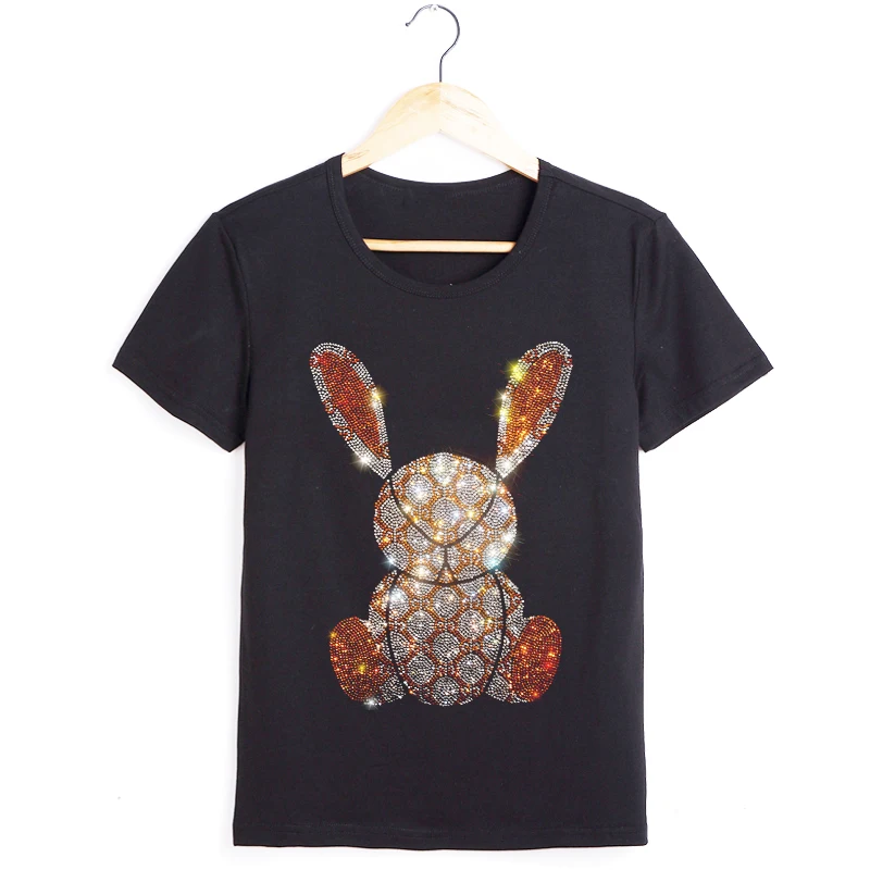 High Quality Women's t-shirt short sleeve Cotton Tops Rhinestones Cute Bunny Pattern Blouse Cartoon Lovely Soft Tee